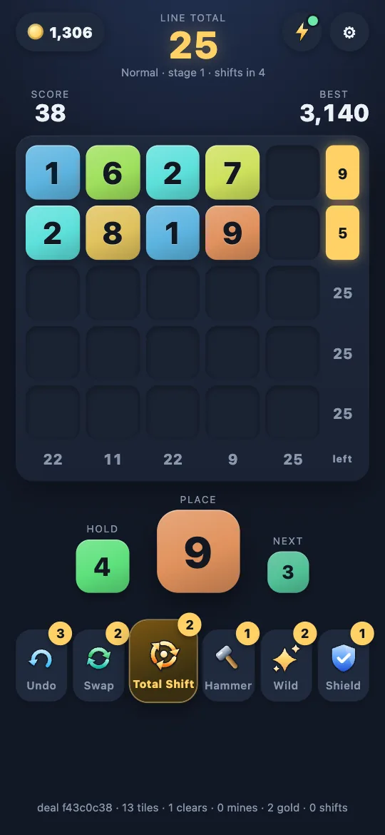 A game in progress: tiles on the board, a column one tile short of the total