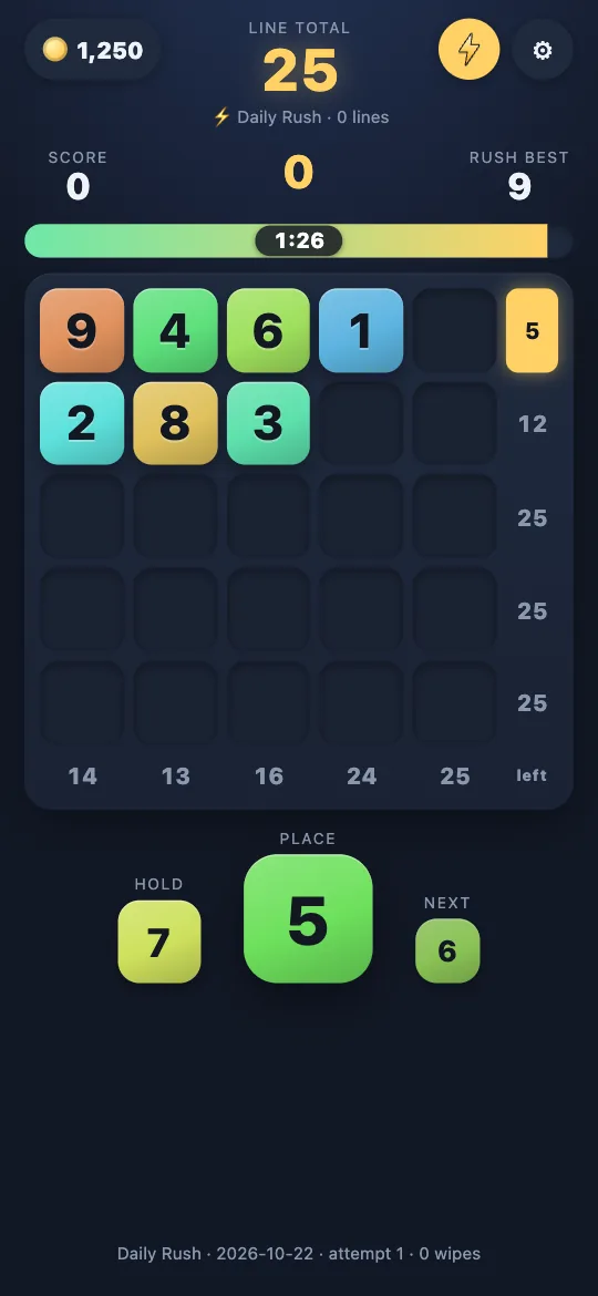 The Daily Rush: ninety seconds, a fixed total, the same board for everyone