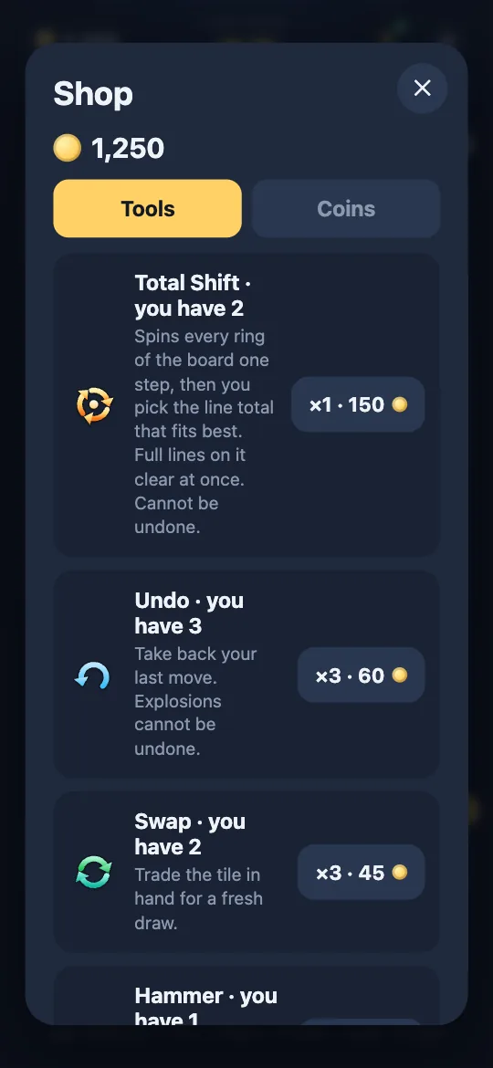 The shop with the tools: Undo, Swap, Hammer, Wild and Shield